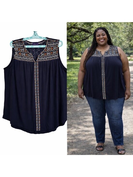 Artesia Tops - Artesia Navy Blue Embroidered Sleeveless Top XXL Womens Boho Lace Yoke Hippie